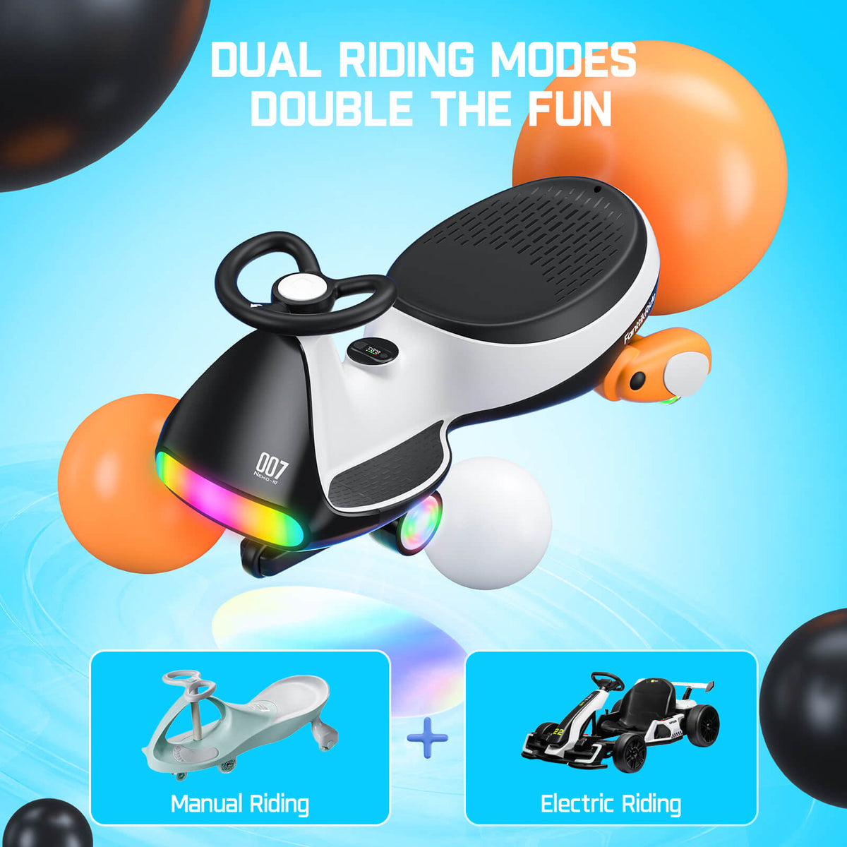 FanttikRide N7 Ultra Elektrisches Kinderauto mit Pedal, Kinder Auto, MagicMute Motor, 2 Geschwindigkeiten, 9 Farbmodi, Digitalanzeige, Bluetooth, für Kinder ab 3 Jahren, 68KG, Pinguin Schwarz
