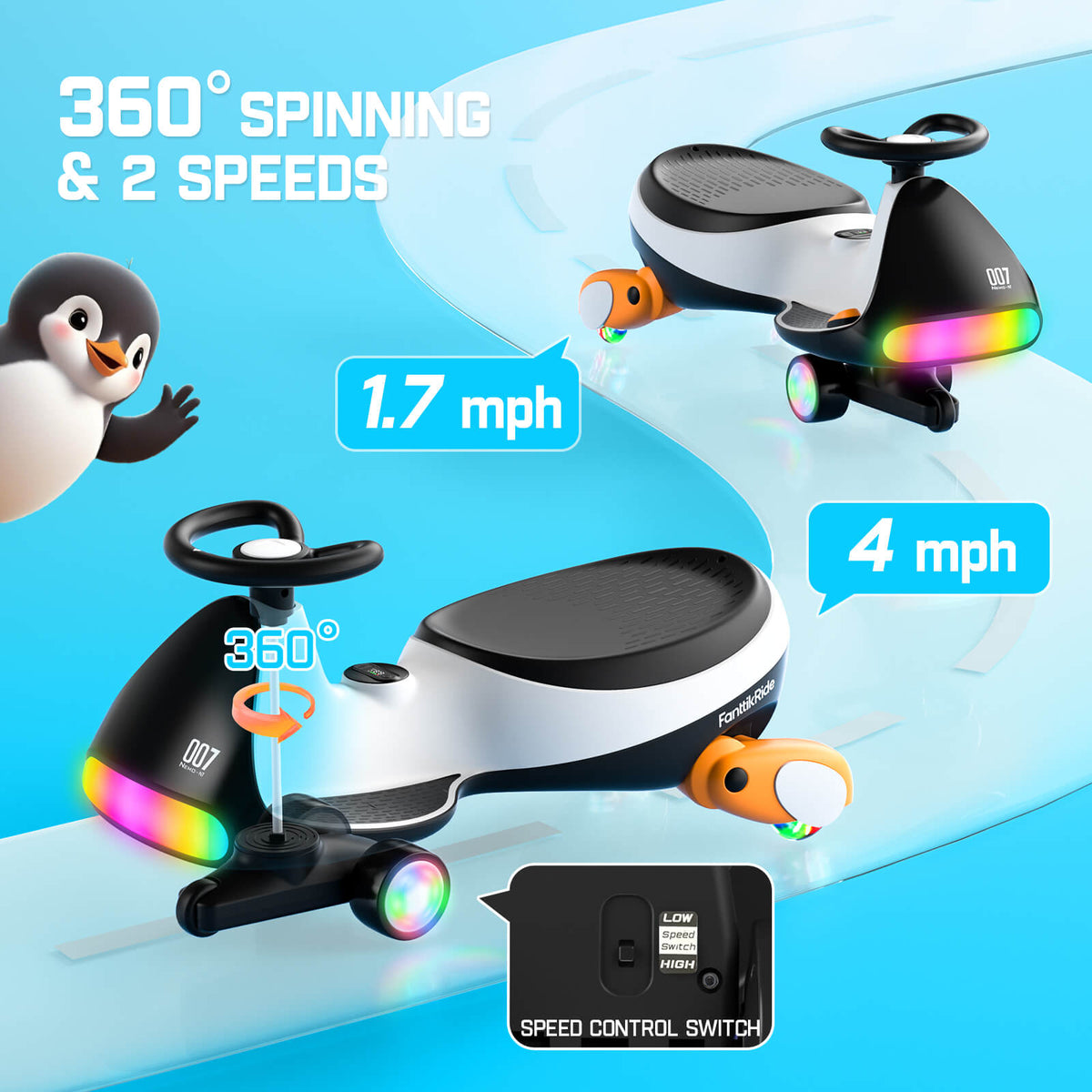 FanttikRide N7 Ultra Elektrisches Kinderauto mit Pedal, Kinder Auto, MagicMute Motor, 2 Geschwindigkeiten, 9 Farbmodi, Digitalanzeige, Bluetooth, für Kinder ab 3 Jahren, 68KG, Pinguin Schwarz