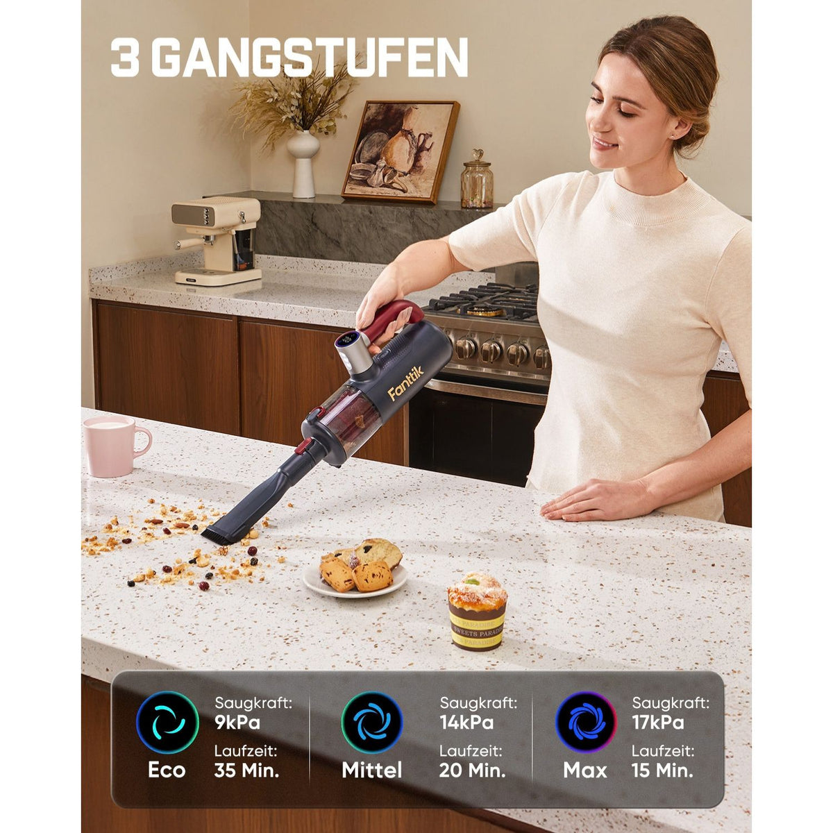Der Staubsauger hat 3 wählbare Geschwindigkeitsmodi:
- Eco-Modus: 9 kPa Saugleistung, Laufzeit 35 Minuten
- Mittelmodus: 14 kPa Saugleistung, Laufzeit 20 Minuten
- Max-Modus: 17 kPa Saugleistung, Laufzeit 15 Minuten
Sie können je nach Verschmutzungsgrad zwischen den Stufen wechseln.