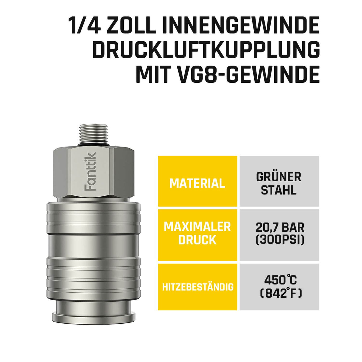 Fanttik X8 APEX Luftpumpe und Anschluss für Nagelpistole, 1/4 Zoll Innengewinde, Druckluftkupplung mit VG8-Gewinde, 20,7 BAR/300 PSI maximaler Druck, 450°C Hitzebeständiger Schnellkupplung-Druckluft