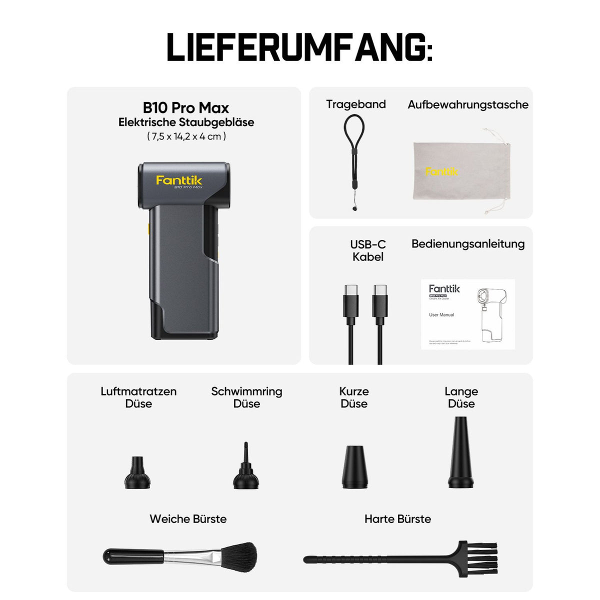 Fanttik B10 Pro Max Elektrischer Druckluftreiniger, 130.000 U/min bürstenloser Motor, Druckluftreiniger, 6 Leistungsstufen, Booster-Funktion per Knopfdruck, 28,8 Wh Akku, elektrischer Druckluftreinige