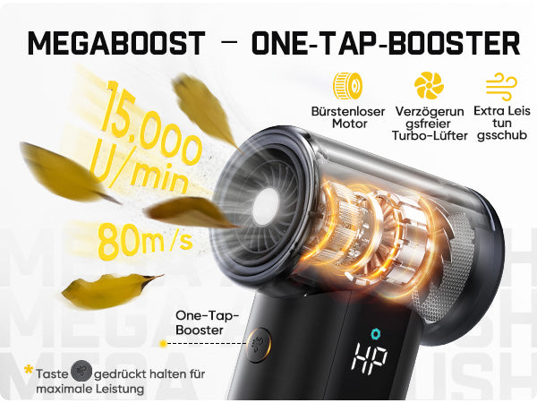 Titel: MEGABOOST –ONE‑TAP‑BOOSTER
Technische Leistungsmerkmale des Turbolüfters:
- Bis 150.000 U/min, maximale Windgeschwindigkeit 80 m/s
- **Bürstenloser Motor, verzögerungsfreier Turbo‑Lüfter, extra kräftiger Luftstoß
- One‑Tap‑Booster: Taste gedrückt halten, um die volle Maximalleistung zu aktivieren
Das transparente Schnittbild visualisiert den inneren Aufbau des Hochleistungslüfters.