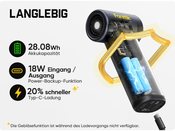 Titel: LANGLEBIG
Akku‑ und Ladedaten:
- 28,08 Wh Akkukapazität für lange Nutzungsdauer
- 18 W Eingang und Ausgang, integrierte Power‑Backup‑Funktion (Powerbank) zum Aufladen von Smartphones
- Typ‑C‑Aufladung, um 20 % schnelleres Laden
Fußnote: Die Gebläsefunktion kann während des Ladevorgangs nicht verwendet werden.