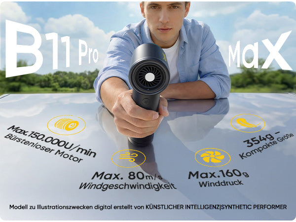Produktname: Fanttik B11 Pro Max
Die Grafik stellt die wichtigsten technischen Daten vor:
- Bürstenloser Motor mit bis zu 150.000 U/min für starke Leistung
- Maximale Windgeschwindigkeit von 80 m/s
- Maximaler Winddruck von 160 g
- Nur 354 g Gewicht, kompakte Bauweise und einfache Handhabung
Hinweis unten: Das Motiv wurde digital mit KI nur zur Veranschaulichung erstellt.