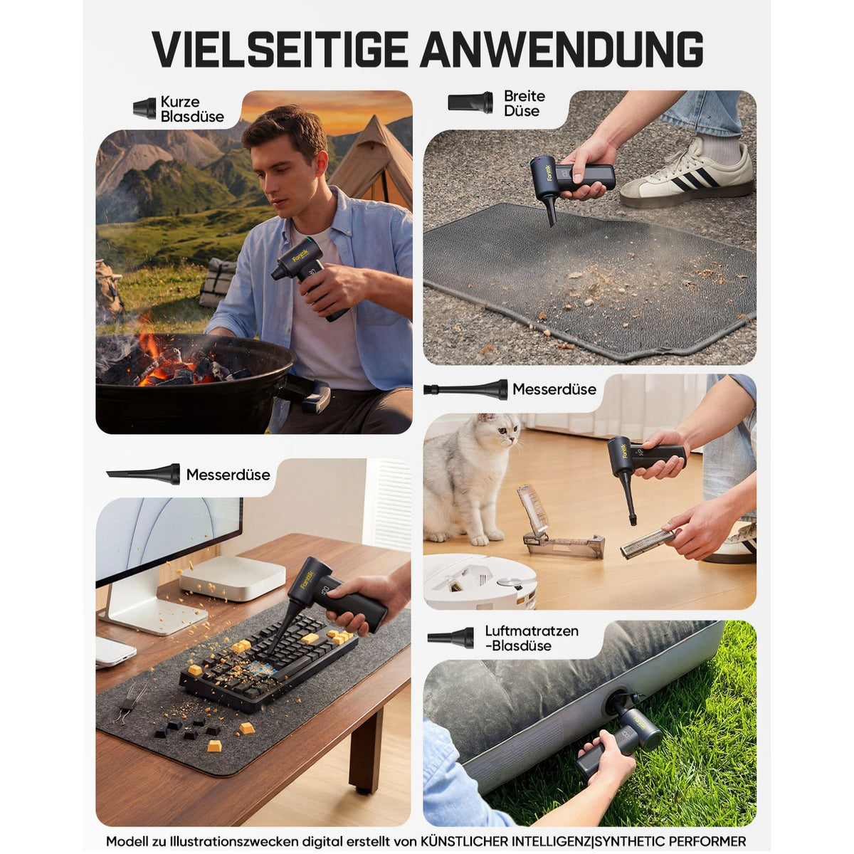 Das Gerät wird mit verschiedenen Aufsätzen geliefert und ist sehr vielseitig einsetzbar:
1. Kurze Blasdüse: Anzünden von Lagerfeuern beim Camping
2. Breite Düse: Reinigen von Autofußmatten
3. Messerdüse: Entfernen von Schmutz zwischen Tastaturtasten
4. Luftmatratzen‑Blasdüse: Aufblasen von Luftmatratzen
Zusätzlich eignet es sich zum Säubern von Werkzeugen und Haustierbereichen.