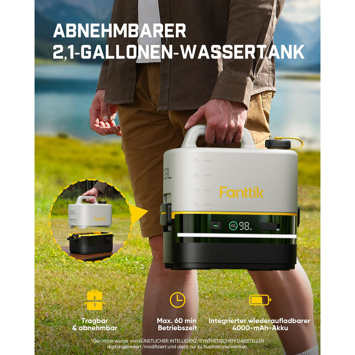Fanttik NB10 Nano tragbarer Akku-Drucksprüher, 2,1-Gallonen-Tank, 72-98 PSI, HD-LED-Display, 4000mAh, mit Campingleuchte – tragbarer Hochdruckreiniger für Zuhause, Terrasse und Camping