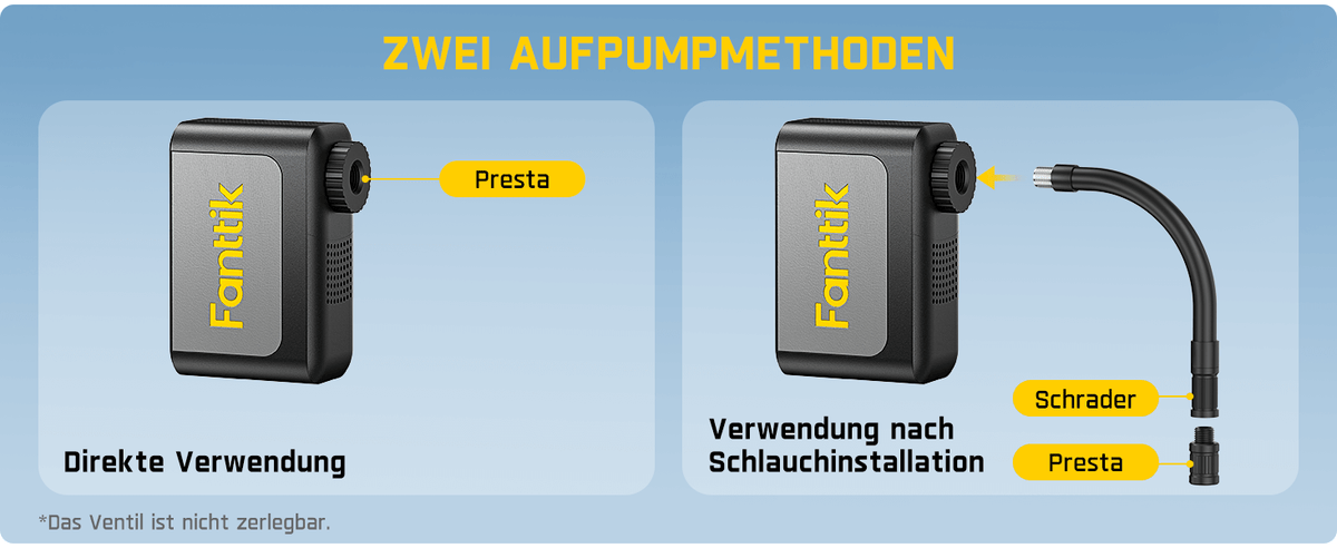 Mit voreingestelltem Druck, automatischer Pause und Speicherfunktion ist die mini Fahrradpumpe intuitiv bedienbar. Das LED-Display zeigt den Druck in Echtzeit an, und die Kompatibilität mit Presta- und Schrader-Ventilen macht sie zum idealen Begleiter für Rennräder, E-Bikes und Mountainbikes.