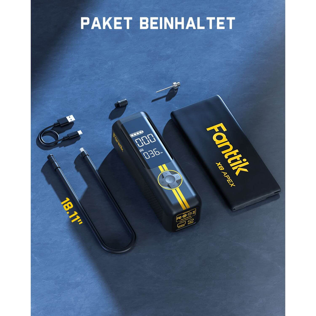 Fanttik X8 APEX Tragbare Elektronische Luftpumpe 12V mit 7800mAh, 10,3BAR / 150PSI Elektrischer Kompressor 2X Schneller, Dualer Bildschirm mit LED, für Auto, E-Bike, Motorrad, Ball