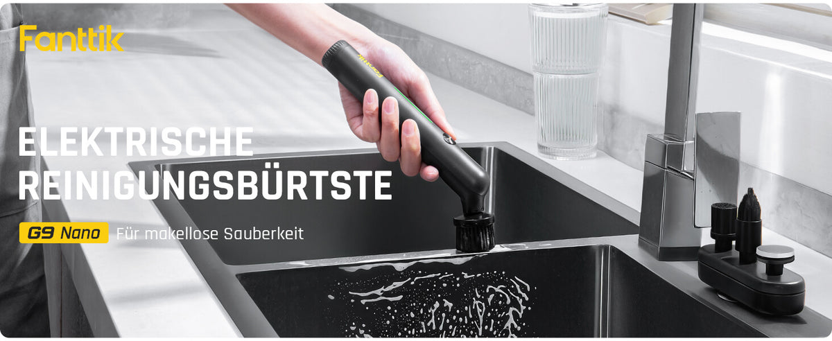 Fanttik G9 Nano Elektrischer Spin Scrubber, kabellose Fugenbürste, Typ-C-Ladung, LED-Anzeige, IPX7, 8 Aufsätze für Fugen, Ecken – Schwarz