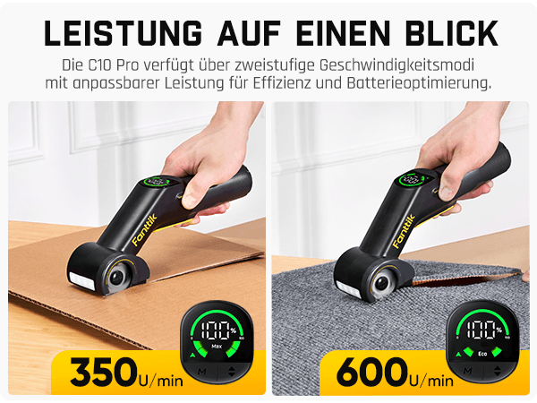 Fanttik C10 Pro BowGuide Elektrischer Kartonschneider, Kalbellose Schere mit LED Anzeige, 2-Geschwindigkeiten, Wiederaufladbarer Rotationsschneider mit Klingen für Stoff, Teppich, Leder, Karton