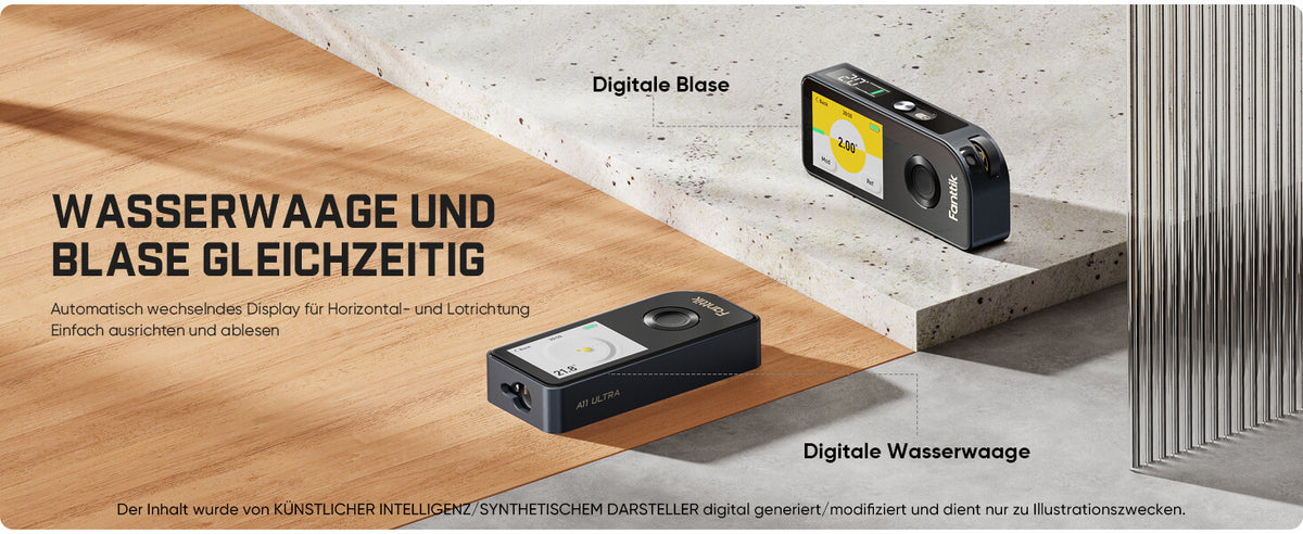 Der Fanttik A11 Ultra verfügt über eine integrierte 3-Achsen-Digitalwasserwaage sowie eine digitale Blase. Das Display wechselt automatisch zwischen Horizontal- und Lotrichtung, damit Sie Objekte unkompliziert ausrichten und Messwerte einfach ablesen – Nivellieren und Ausloten gleichzeitig möglich.