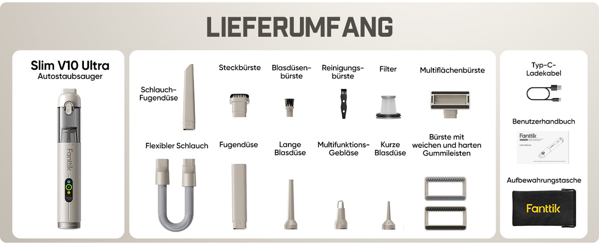 Fanttik Slim V10 Ultra kabelloser Autostaubsauger, 4-in-1 Mini Handstaubsauger mit 19 kPa Saugkraft, frei kombinierbarem Zubehör, 2 Saugmodi für Auto, kleine Arbeiten, Tastatur und Büro