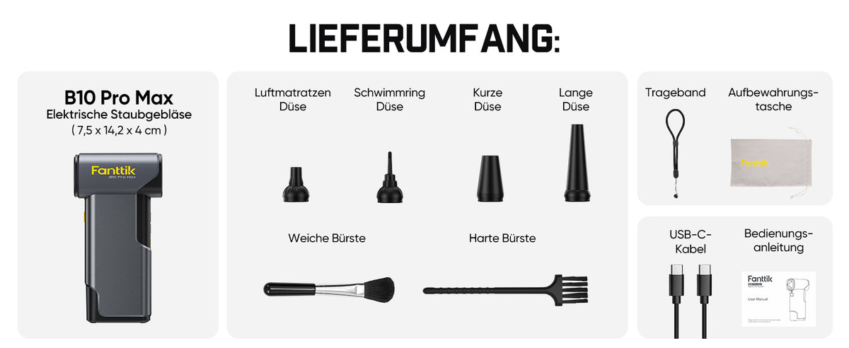 Fanttik B10 Pro Max Elektrischer Druckluftreiniger, 130.000 U/min bürstenloser Motor, Druckluftreiniger, 6 Leistungsstufen, Booster-Funktion per Knopfdruck, 28,8 Wh Akku, elektrischer Druckluftreinige