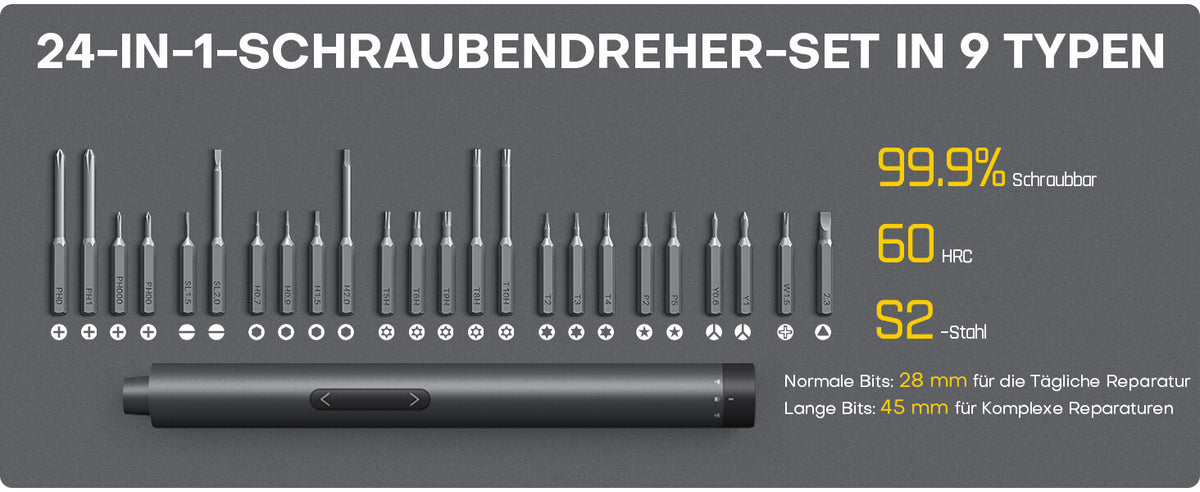 Fanttik E1 Pro Elektrisches Schraubendreher Präzision mit 24 Magnetbohrern, 2 Drehmomentstufen, 5/32" Sechskant, geeignet für die Wartung von iPhone, Laptop, Uhr - E1 PRO