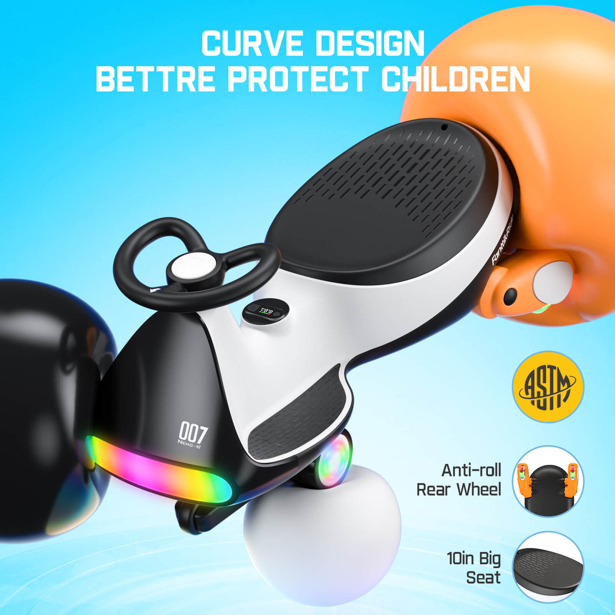 FanttikRide N7 Ultra Elektrisches Kinderauto mit Pedal, Kinder Auto, MagicMute Motor, 2 Geschwindigkeiten, 9 Farbmodi, Digitalanzeige, Bluetooth, für Kinder ab 3 Jahren, 68KG, Pinguin Schwarz