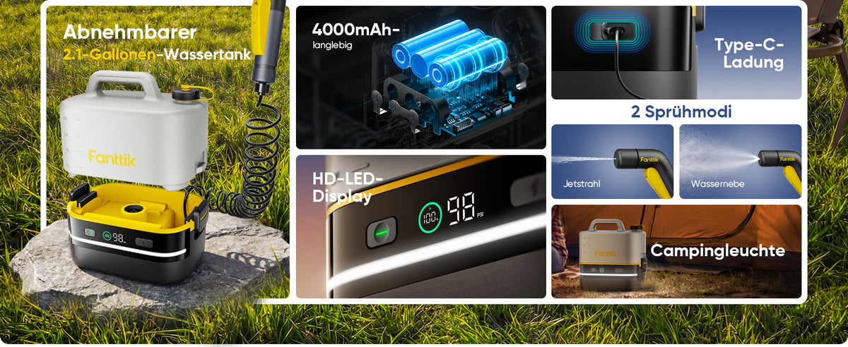 Fanttik NB10 Nano tragbarer Akku-Drucksprüher, 2,1-Gallonen-Tank, 72-98 PSI, HD-LED-Display, 4000mAh, mit Campingleuchte – tragbarer Hochdruckreiniger für Zuhause, Terrasse und Camping
