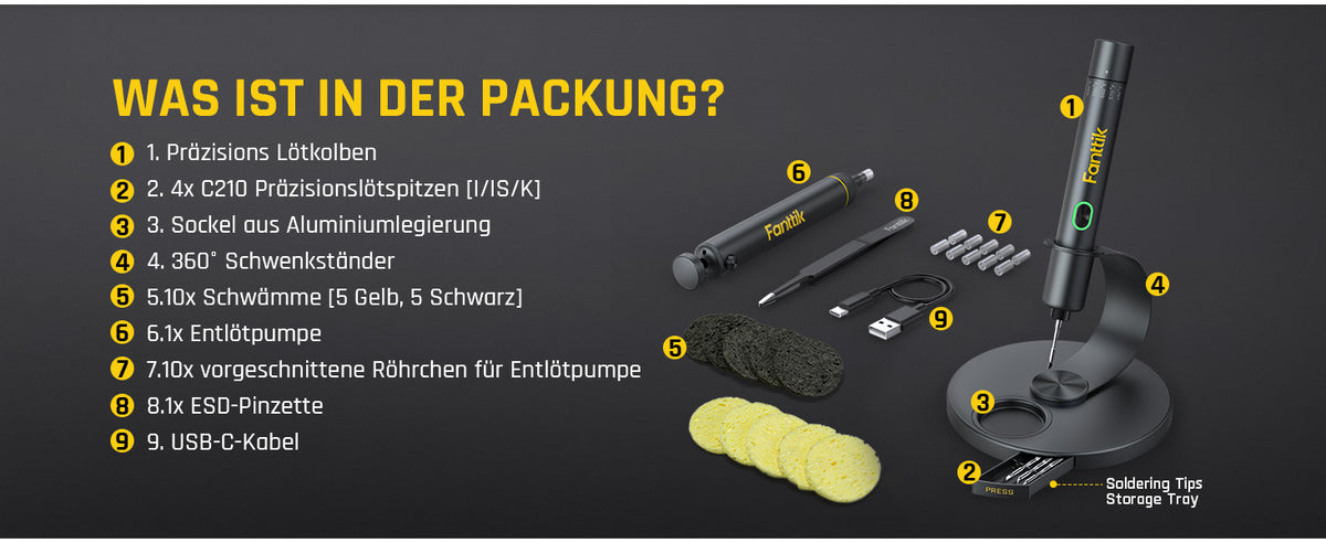 Fanttik T1 Max Präzisions Lötkolben Set, kabelloser Lötkolben, 7 Sek. schnelles Aufheizen，6 Temperatur Einstellbar 200~450 ℃, 4 Lötspitzen (C210), 360° drehbarer Ständer, Lötkolben für Reparaturen