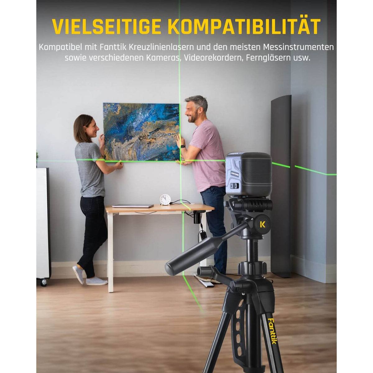 Fanttik DT1 Professional Baustativ für Kreuzlinienlaser, Nivelliergeräte und Kameras mit 3-Wege-Panoramakopf, Schnellwechselplatte mit 1/4"-20 Gewinde und Wasserwaage