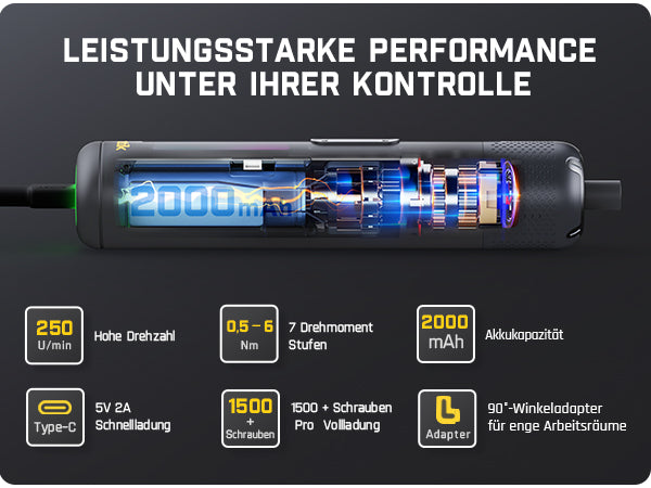 Fanttik S2 Pro Max Elektroschrauber Akkuschrauber Set, 7 Drehmomenteinstellungen, 0,5 bis 6 Nm, 16 magnetische Bits, 1/4 Zoll Sechskantschaft, mit 90°-Winkeladapter, für Möbel, Haushaltsreparaturen