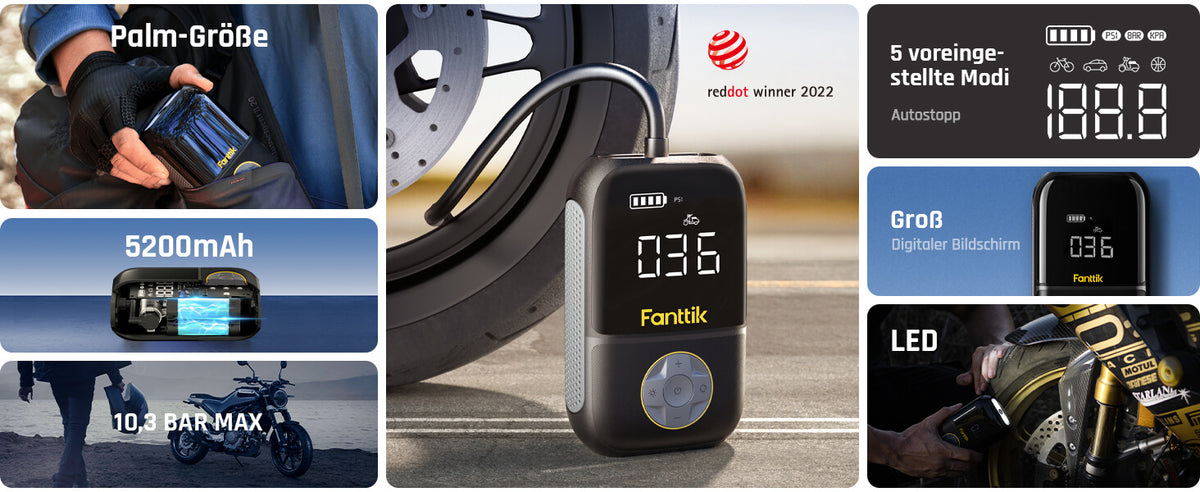 Fanttik X8 Mini Elektrische Luftpumpe, 10,3 BAR/150 PSI Tragbar Fahrradpumpe, Elektrischer Kompressor mit Digitalem LCD-Bildschirm und 4 Modi für Auto, Fahrrad, Motorrad, Bälle
