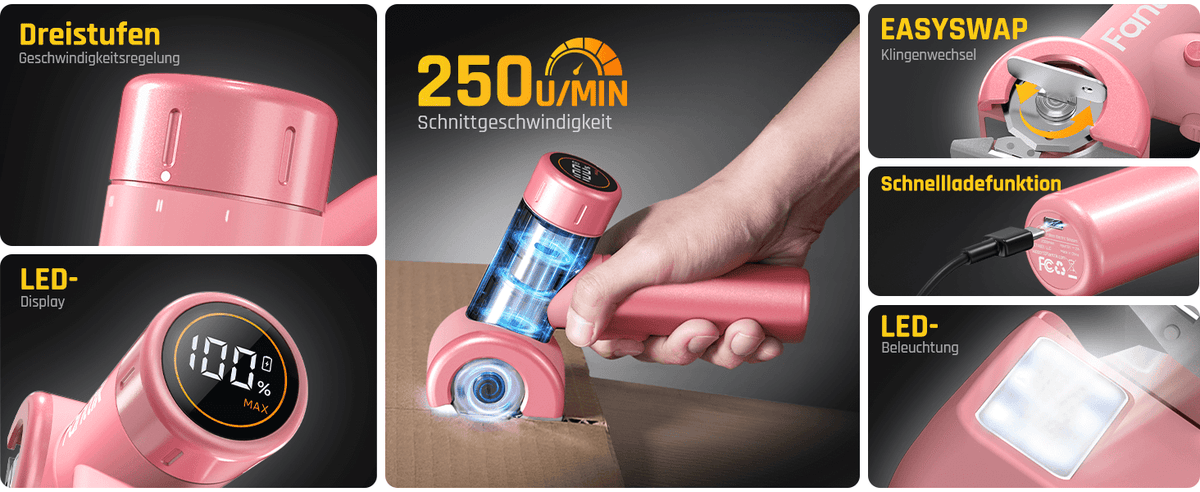 Fanttik C8 Nano Elektrische Schere, Kartonschneider Elektrisch mit Bildschirm, LED-Licht, 3 Geschwindigkeitsstufen, Wiederaufladbarer Akku, Geeignet für Stoffe, Teppiche, Leder, Kartons - Rosa