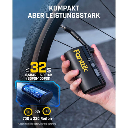 Fanttik X9 Ace Mini Fahrradpumpe, Akku Kompressor, 32s Schnellaufblasbare Elektrische Fahrradpumpe, 150 PSI Luftpumpe mit Presta- und Schrader-Ventil, für Rennrad, Mountainbike, E-Bike, Stadtrad