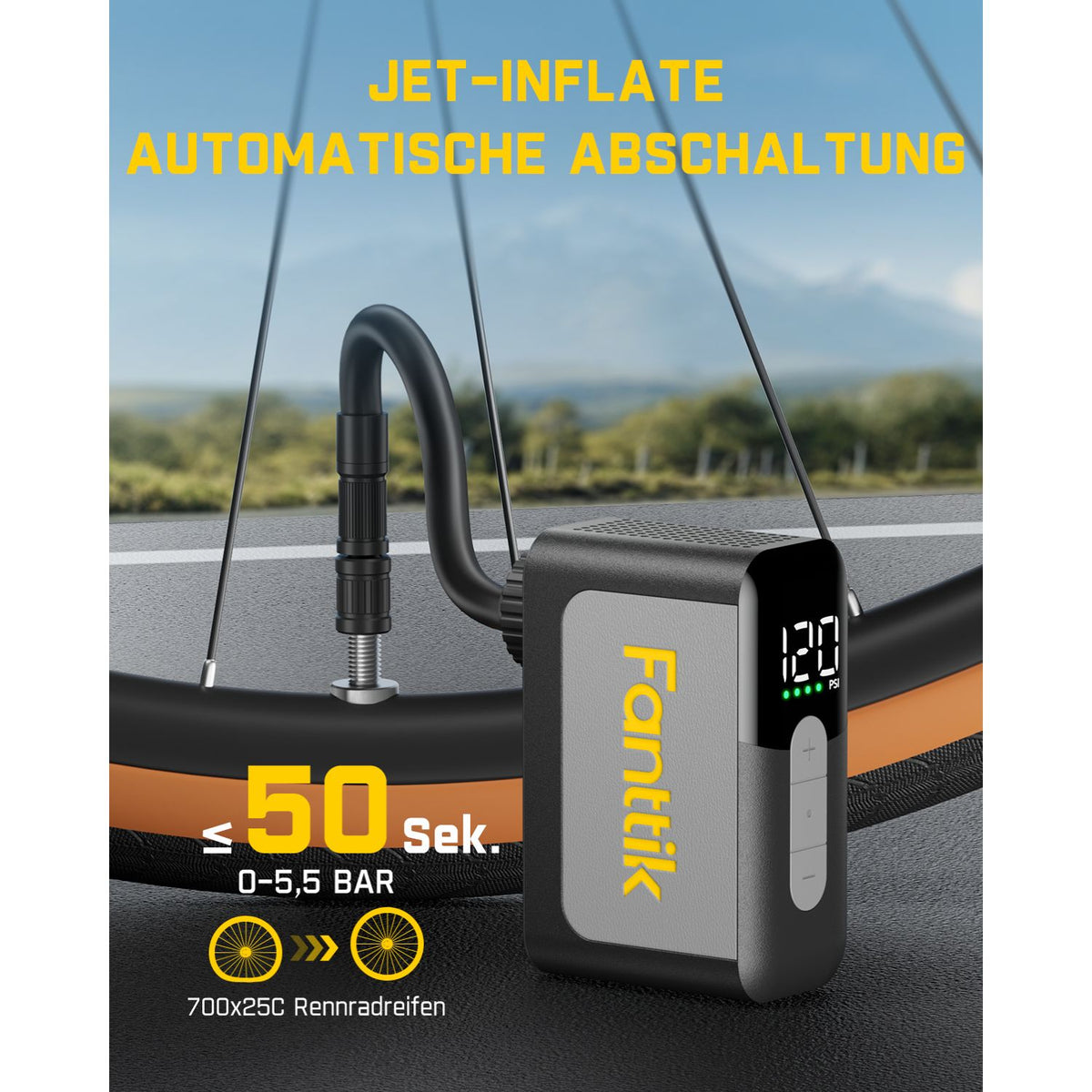 Fanttik X10 Ace Mini akku Fahrradpumpe mit Manometer, 120 PSI elektrische Fahrradpumpe mit Presta- und Schrader-Ventil, Auto-Stopp, schnelles Aufpumpen für Rennrad, Mountainbike, Motocross und E-Bike