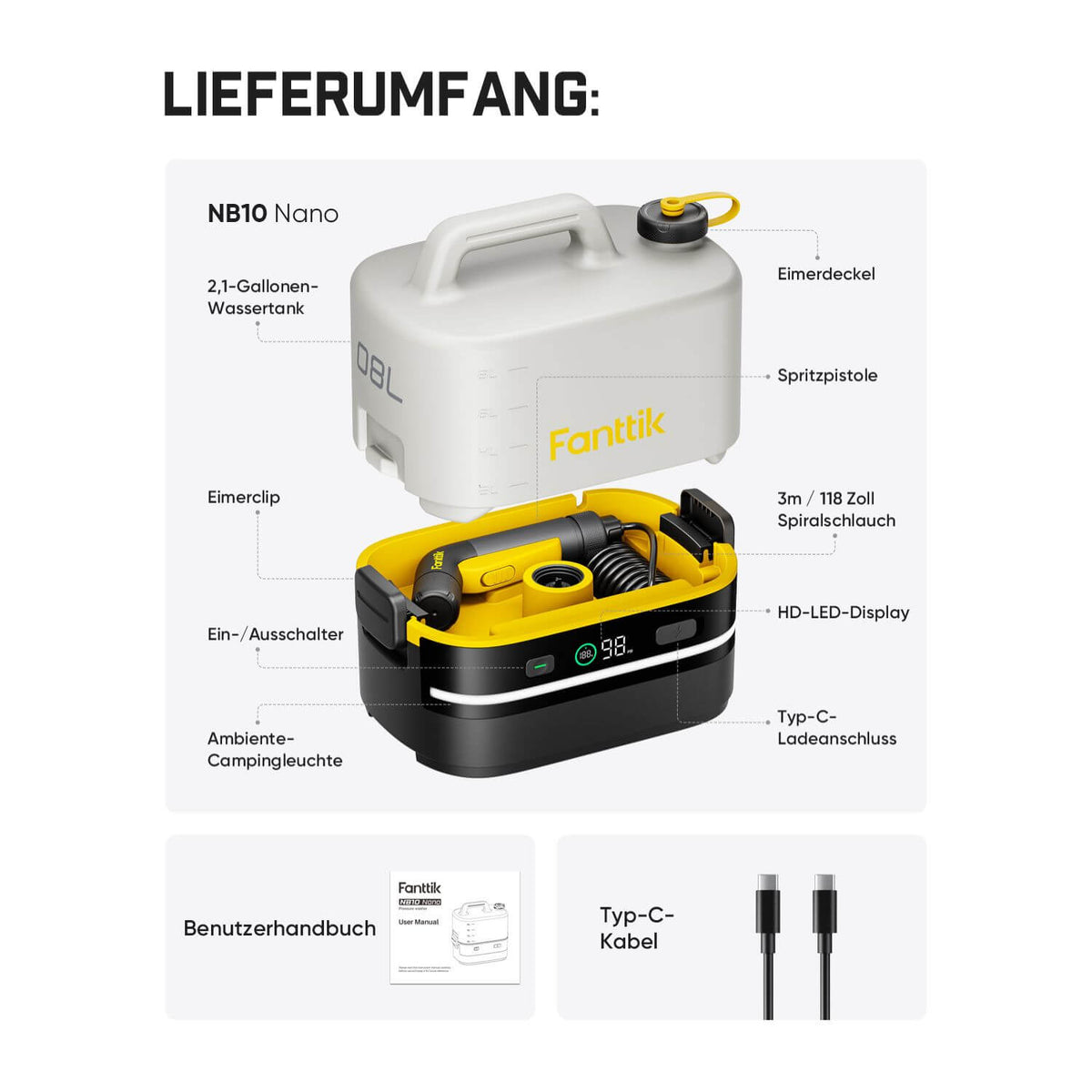 Fanttik NB10 Nano tragbarer Akku-Drucksprüher, 2,1-Gallonen-Tank, 72-98 PSI, HD-LED-Display, 4000mAh, mit Campingleuchte – tragbarer Hochdruckreiniger für Zuhause, Terrasse und Camping