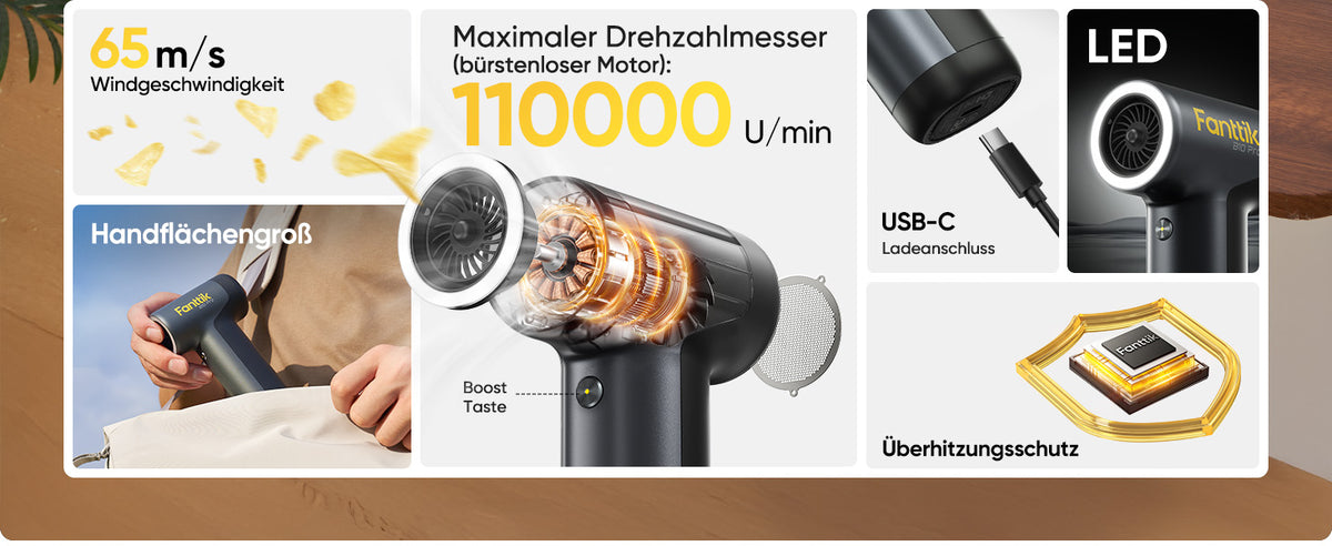 Fanttik B10 Pro Elektrische Staubgebläse, 110.000 U/min bürstenloser Motor, Luftreiniger, 3-Gang einstellbare Mini-Gebläse mit Ein-Knopf-Booster, Air Duster für PC, Tastatur, Elektronik und Werkbank