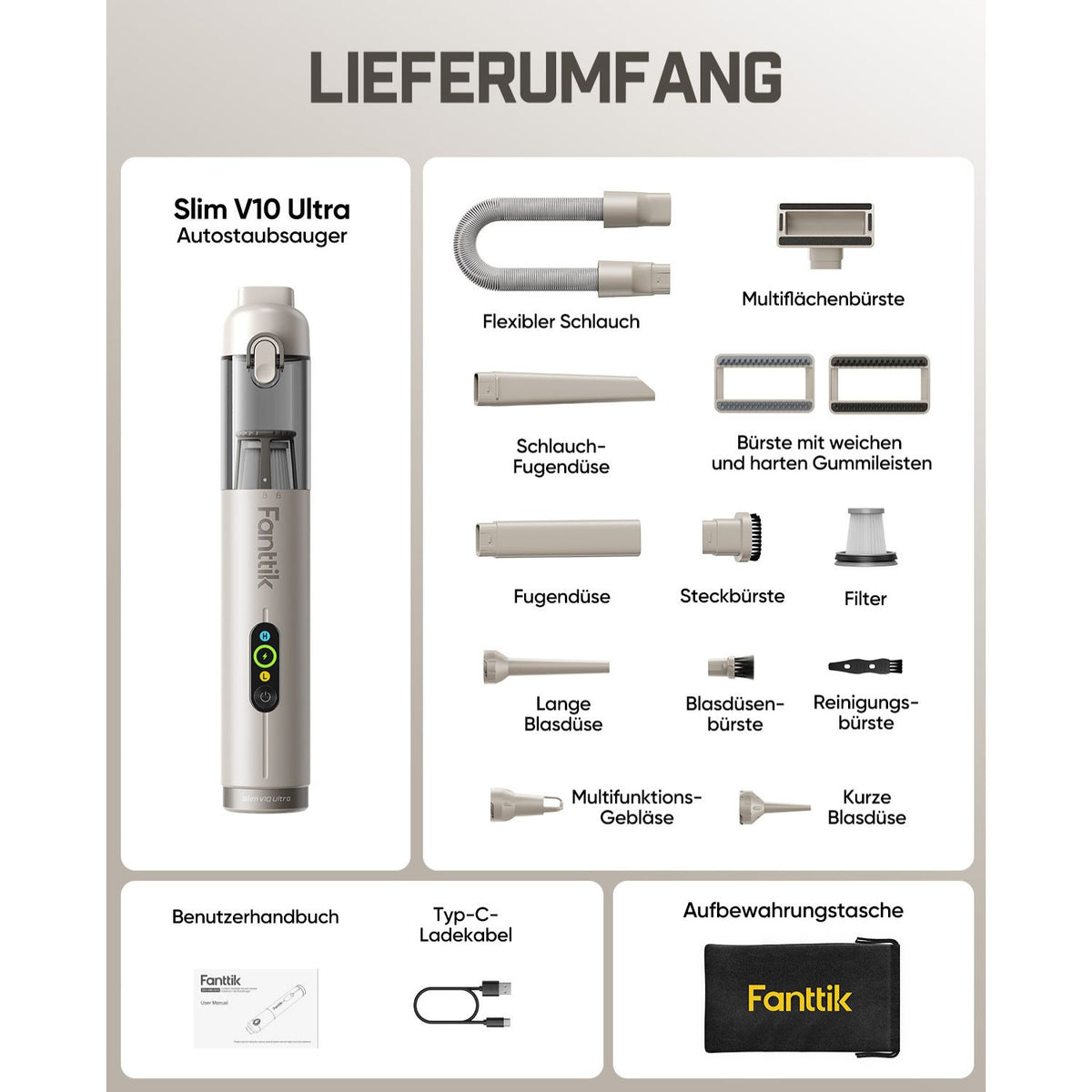 Fanttik Slim V10 Ultra kabelloser Autostaubsauger, 4-in-1 Mini Handstaubsauger mit 19 kPa Saugkraft, frei kombinierbarem Zubehör, 2 Saugmodi für Auto, kleine Arbeiten, Tastatur und Büro