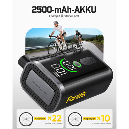 2500-mAh-Akku für ausreichend Energie unterwegs.
Daten:

- Nachfüllen von 700×23C Rennradreifen (5,5–6,9 BAR): bis zu 22 Mal
- Vollständiges Aufpumpen von 700×23C Reifen (0–5,5 BAR): bis zu 10 Mal
Der Akku reicht für mehrere Reifenfüllungen auf einer Radtour.