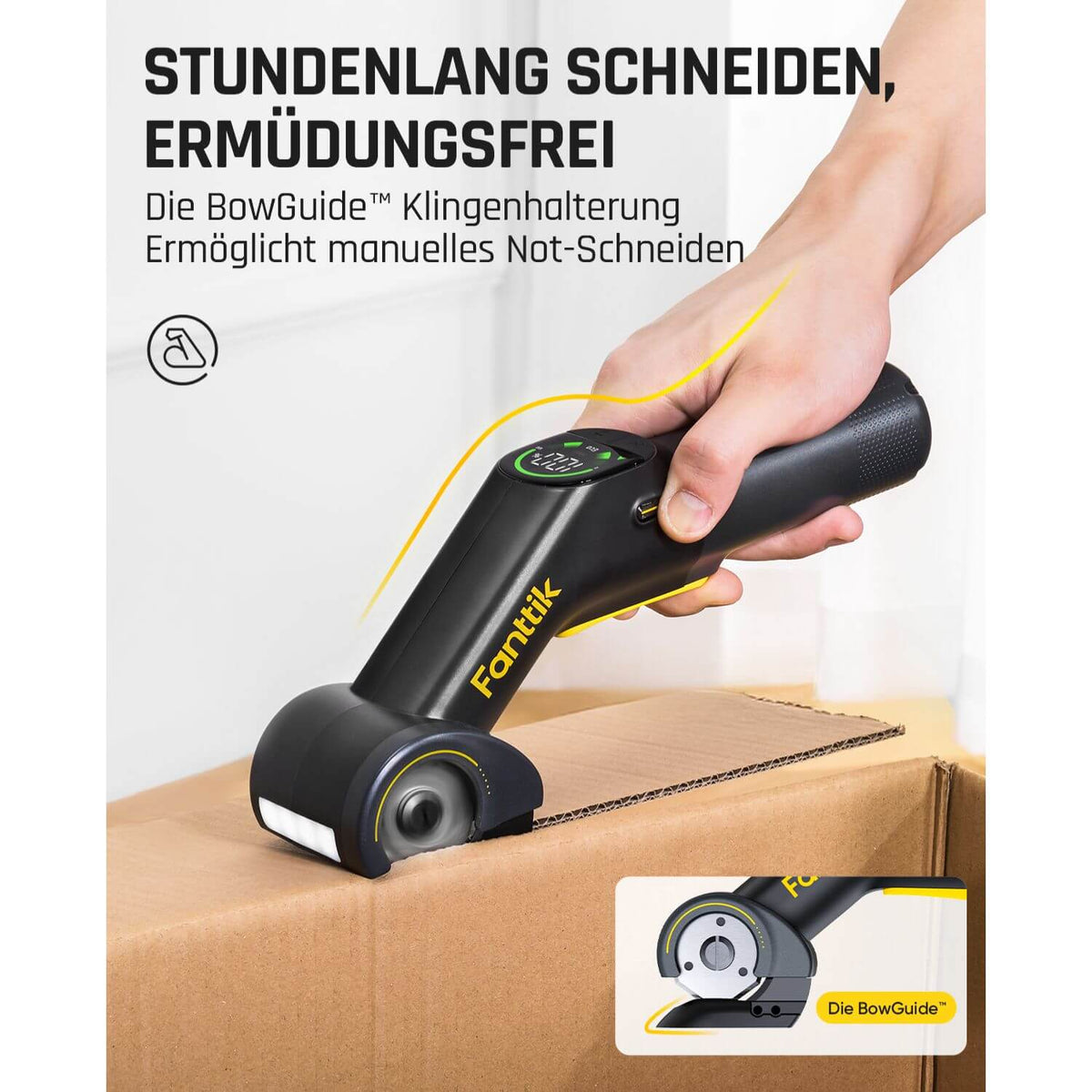 Fanttik C10 Pro BowGuide Elektrischer Kartonschneider, Kalbellose Schere mit LED Anzeige, 2-Geschwindigkeiten, Wiederaufladbarer Rotationsschneider mit Klingen für Stoff, Teppich, Leder, Karton