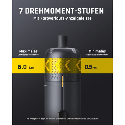 Fanttik S2 Pro Max Elektroschrauber Akkuschrauber Set, 7 Drehmomenteinstellungen, 0,5 bis 6 Nm, 16 magnetische Bits, 1/4 Zoll Sechskantschaft, mit 90°-Winkeladapter, für Möbel, Haushaltsreparaturen