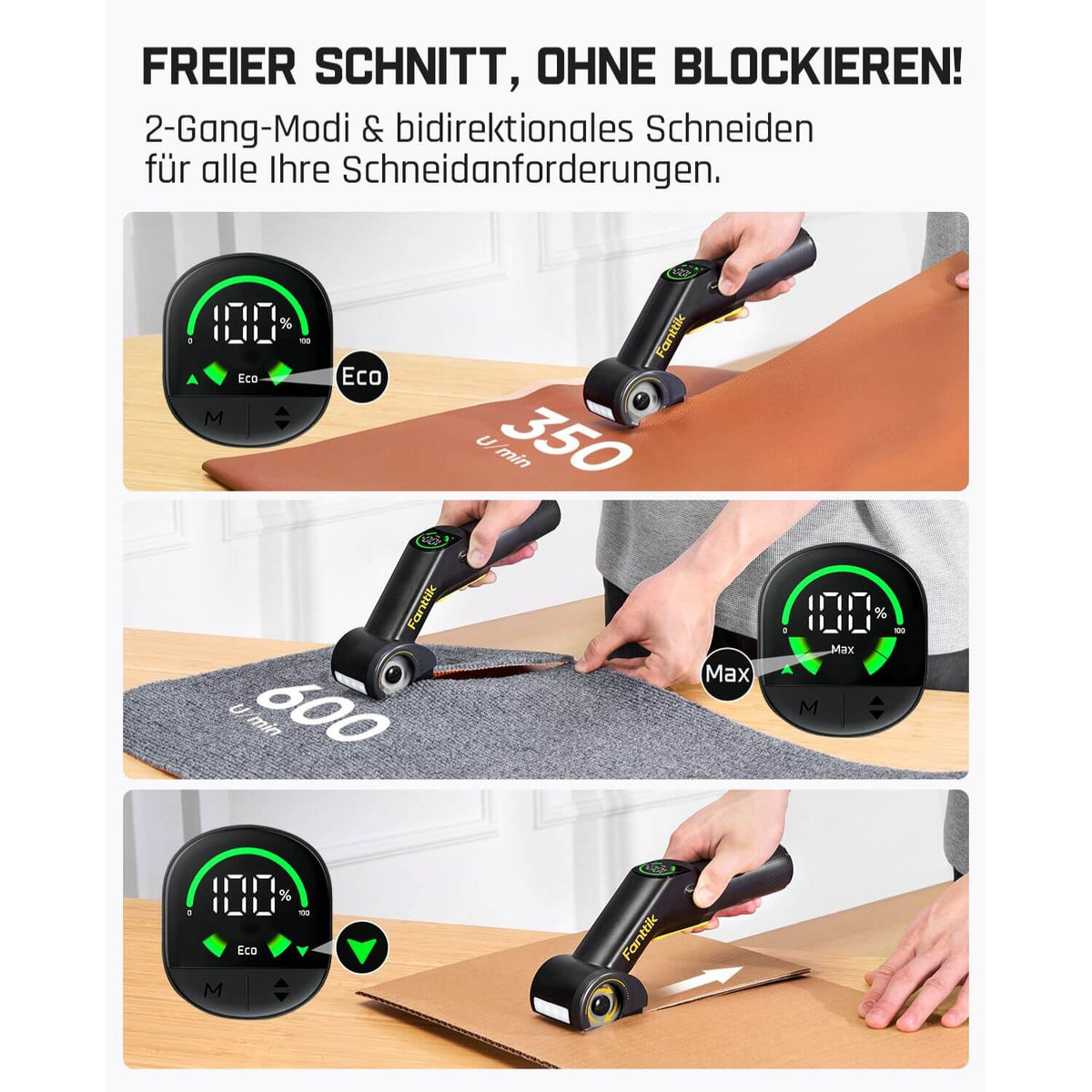 Fanttik C10 Pro BowGuide Elektrischer Kartonschneider, Kalbellose Schere mit LED Anzeige, 2-Geschwindigkeiten, Wiederaufladbarer Rotationsschneider mit Klingen für Stoff, Teppich, Leder, Karton