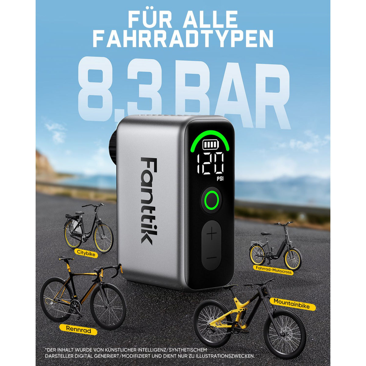 Fanttik X10 Ace Tiny Mini-Elektrofahrradpumpe, 120 PSI Kompaktluftpumpe mit Presta- und Schrader-Ventil, Schnellaufblasbare Elektrofahrradpumpe Tragbar für Rennräder