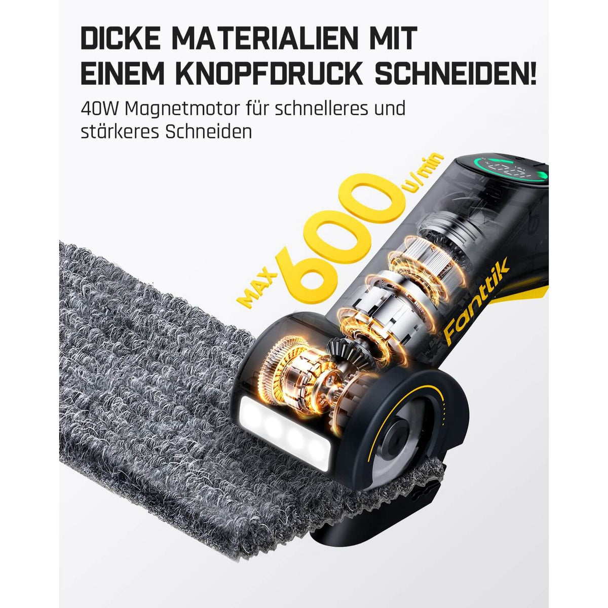 Fanttik C10 Pro BowGuide Elektrischer Kartonschneider, Kalbellose Schere mit LED Anzeige, 2-Geschwindigkeiten, Wiederaufladbarer Rotationsschneider mit Klingen für Stoff, Teppich, Leder, Karton