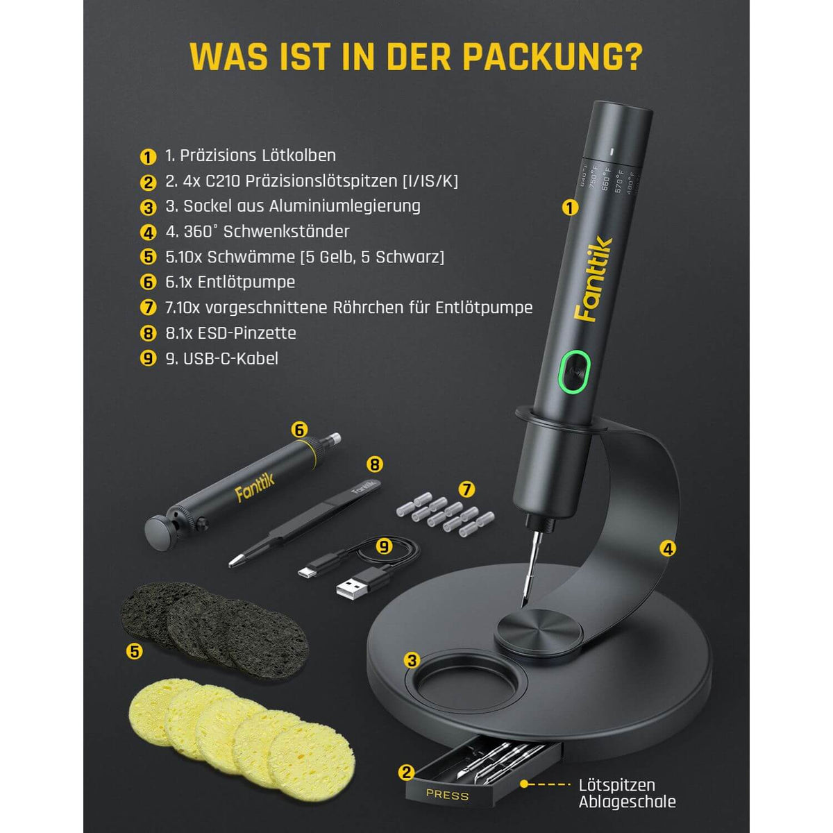 Fanttik T1 Max Präzisions Lötkolben Set, kabelloser Lötkolben, 7 Sek. schnelles Aufheizen，6 Temperatur Einstellbar 200~450 ℃, 4 Lötspitzen (C210), 360° drehbarer Ständer, Lötkolben für Reparaturen