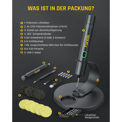 Fanttik T1 Max Präzisions Lötkolben Set, kabelloser Lötkolben, 7 Sek. schnelles Aufheizen，6 Temperatur Einstellbar 200~450 ℃, 4 Lötspitzen (C210), 360° drehbarer Ständer, Lötkolben für Reparaturen