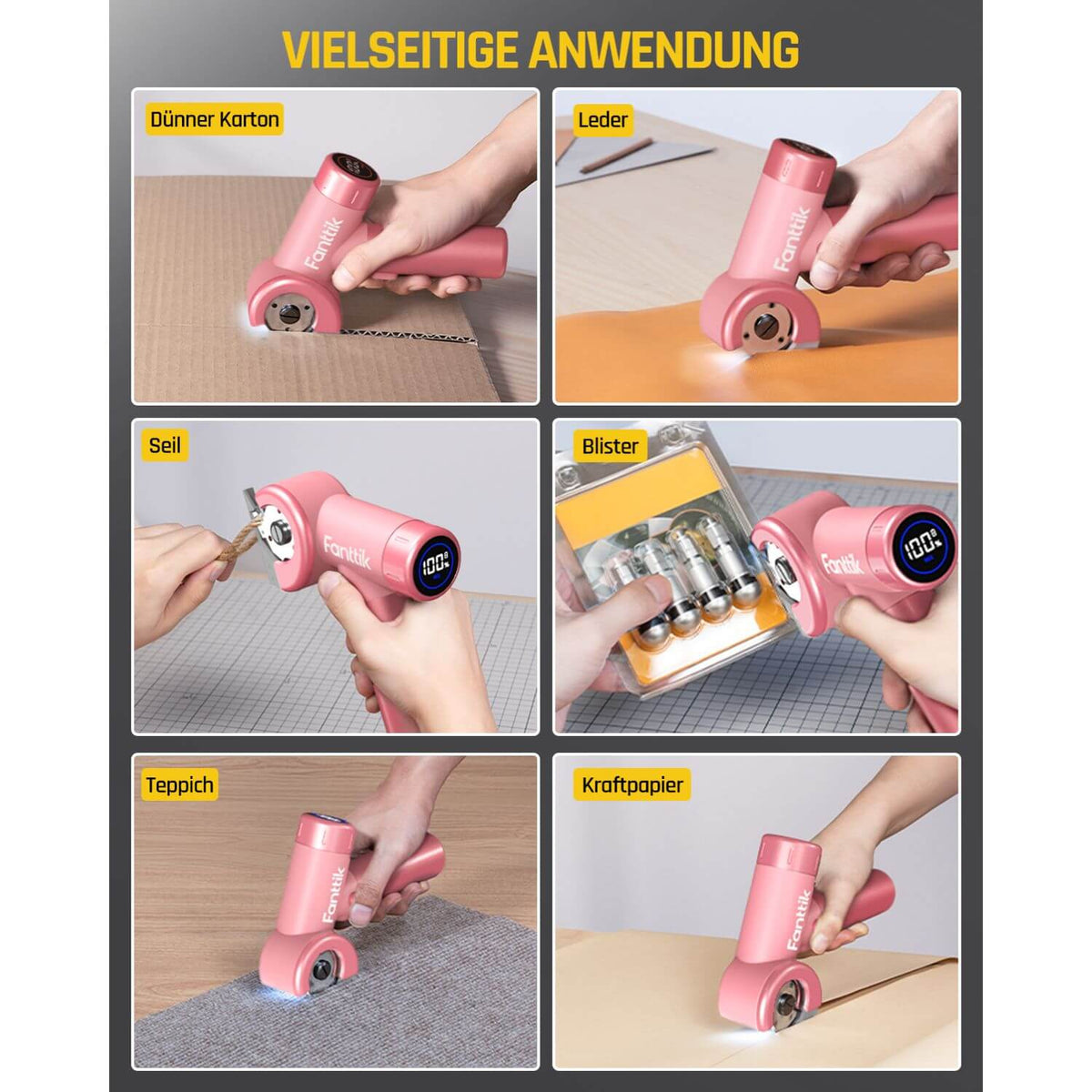 Fanttik C8 Nano Elektrische Schere, Kartonschneider Elektrisch mit Bildschirm, LED-Licht, 3 Geschwindigkeitsstufen, Wiederaufladbarer Akku, Geeignet für Stoffe, Teppiche, Leder, Kartons - Rosa