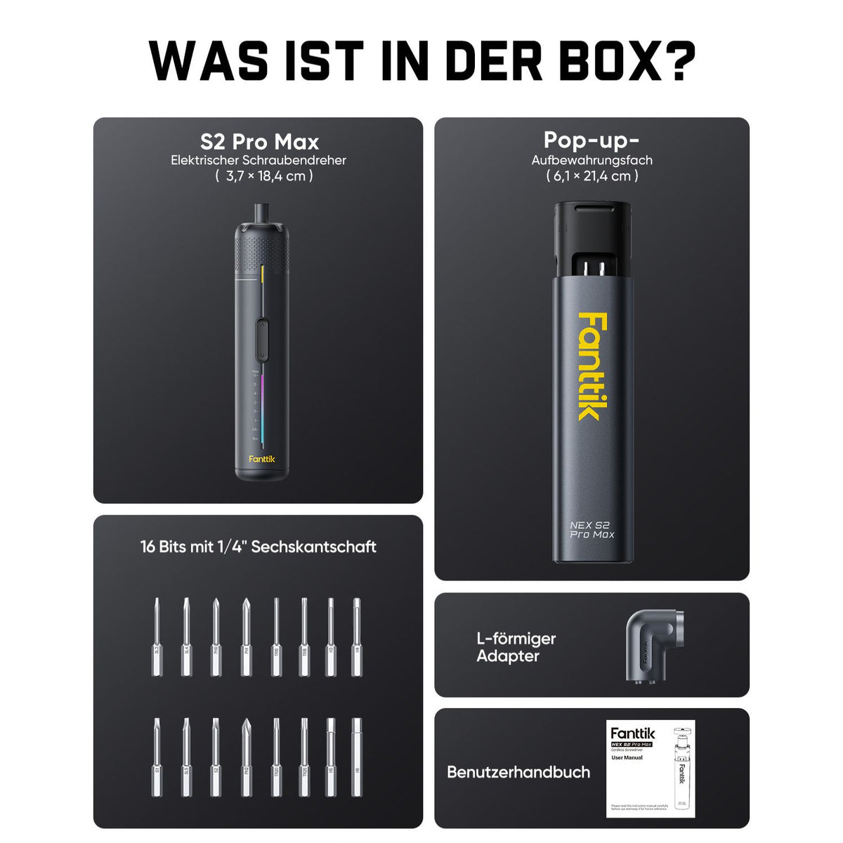 Fanttik S2 Pro Max Elektroschrauber Akkuschrauber Set, 7 Drehmomenteinstellungen, 0,5 bis 6 Nm, 16 magnetische Bits, 1/4 Zoll Sechskantschaft, mit 90°-Winkeladapter, für Möbel, Haushaltsreparaturen