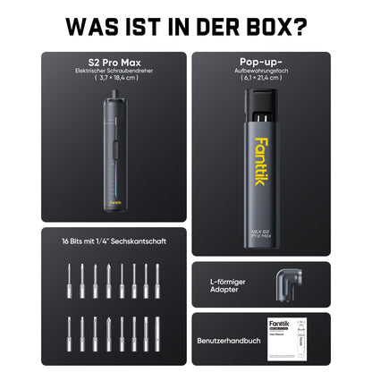 Fanttik S2 Pro Max Elektroschrauber Akkuschrauber Set, 7 Drehmomenteinstellungen, 0,5 bis 6 Nm, 16 magnetische Bits, 1/4 Zoll Sechskantschaft, mit 90°-Winkeladapter, für Möbel, Haushaltsreparaturen