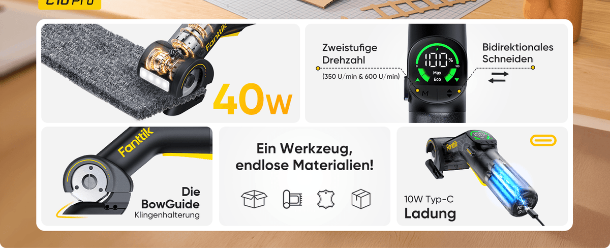 Fanttik C10 Pro BowGuide Elektrischer Kartonschneider, Kalbellose Schere mit LED Anzeige, 2-Geschwindigkeiten, Wiederaufladbarer Rotationsschneider mit Klingen für Stoff, Teppich, Leder, Karton
