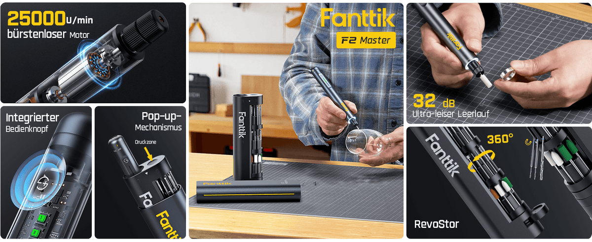 Fanttik F2 Master Mini Akku-Multifunktionswerkzeug Set 3,6V, NeoPulse Motor, 5 Geschwindigkeiten, 25000 U/min, Revostor-Hub, 35 Zubehörteile, Elektrowerkzeug zum Schleifen, Polieren, Bohren, Gravieren