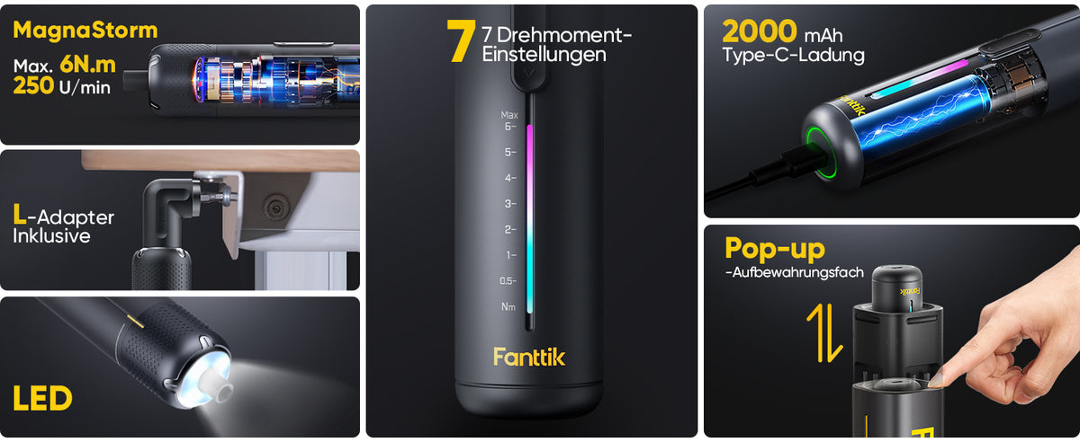 Fanttik S2 Pro Max Elektroschrauber Akkuschrauber Set, 7 Drehmomenteinstellungen, 0,5 bis 6 Nm, 16 magnetische Bits, 1/4 Zoll Sechskantschaft, mit 90°-Winkeladapter, für Möbel, Haushaltsreparaturen