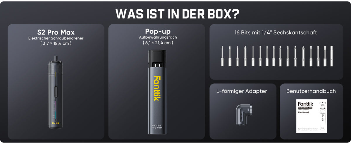Fanttik S2 Pro Max Elektroschrauber Akkuschrauber Set, 7 Drehmomenteinstellungen, 0,5 bis 6 Nm, 16 magnetische Bits, 1/4 Zoll Sechskantschaft, mit 90°-Winkeladapter, für Möbel, Haushaltsreparaturen