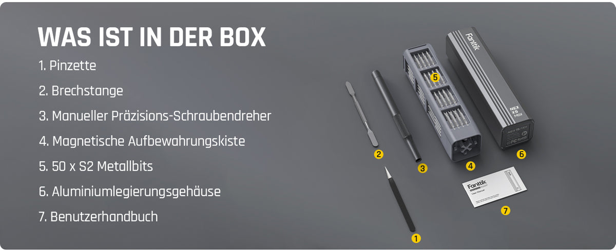 Der Fanttik X5 MAX Schraubendreher enthält 50 Bits, 1 Paar Pinzetten und 1 Brecheisen in 9 Typen. Mit diesem makellosen Produkt können Sie mühelos alle Arten von täglichen Wartungsarbeiten durchführen. Von Torx über Philips, Flachköpfe bis Sechskant, X5 MAX hat alles abgedeckt. Es erhöht Ihre DIY- und Wartungsvielseitigkeit, indem es Reparaturen von Schaltern, Laptops, Mobiltelefonen, Kameras, Drohnen usw. einschließt.