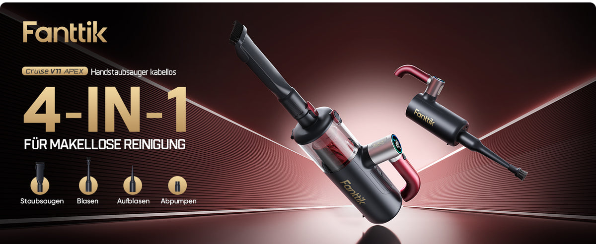 Dies ist das Hauptproduktbild des Fanttik Cruise V11 APEX, dem kabellosen 4-in-1 Handstaubsauger für makellose Reinigung. Es werden vier Kernfunktionen dargestellt: Staubsaugen, Blasen, Aufblasen und Abpumpen. Mit wechselbaren Aufsätzen lässt sich das Gerät flexibel für unterschiedliche Reinigungs- und Luftaufgaben im Haushalt einsetzen.